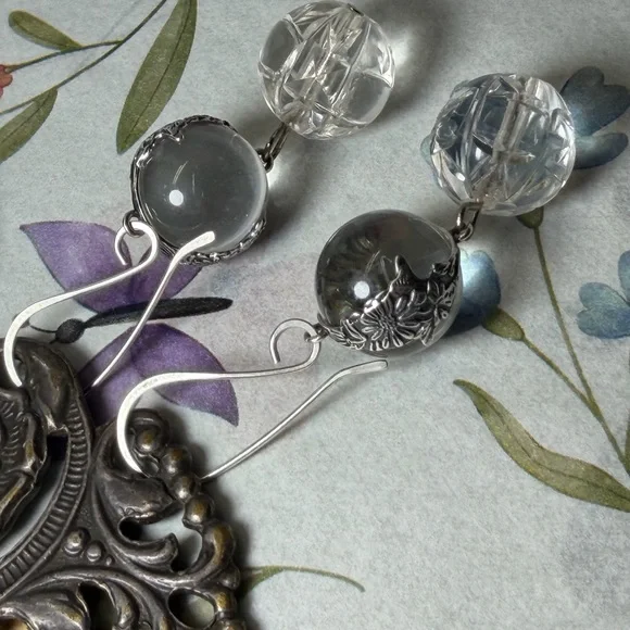 Vintage Sterling Silver Rock Quartz Crystal Pools Of Light Earrings